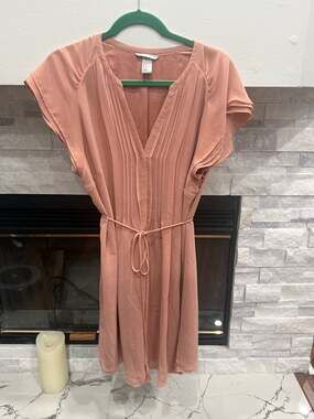 H&M Dress Size 14 Pink Pleated Flutter Sleeve Tie Waist